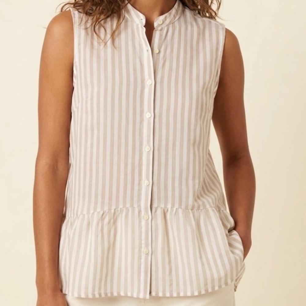 Trovata x Birds of Paradis Tan White Peplum Striped Blouse Large
